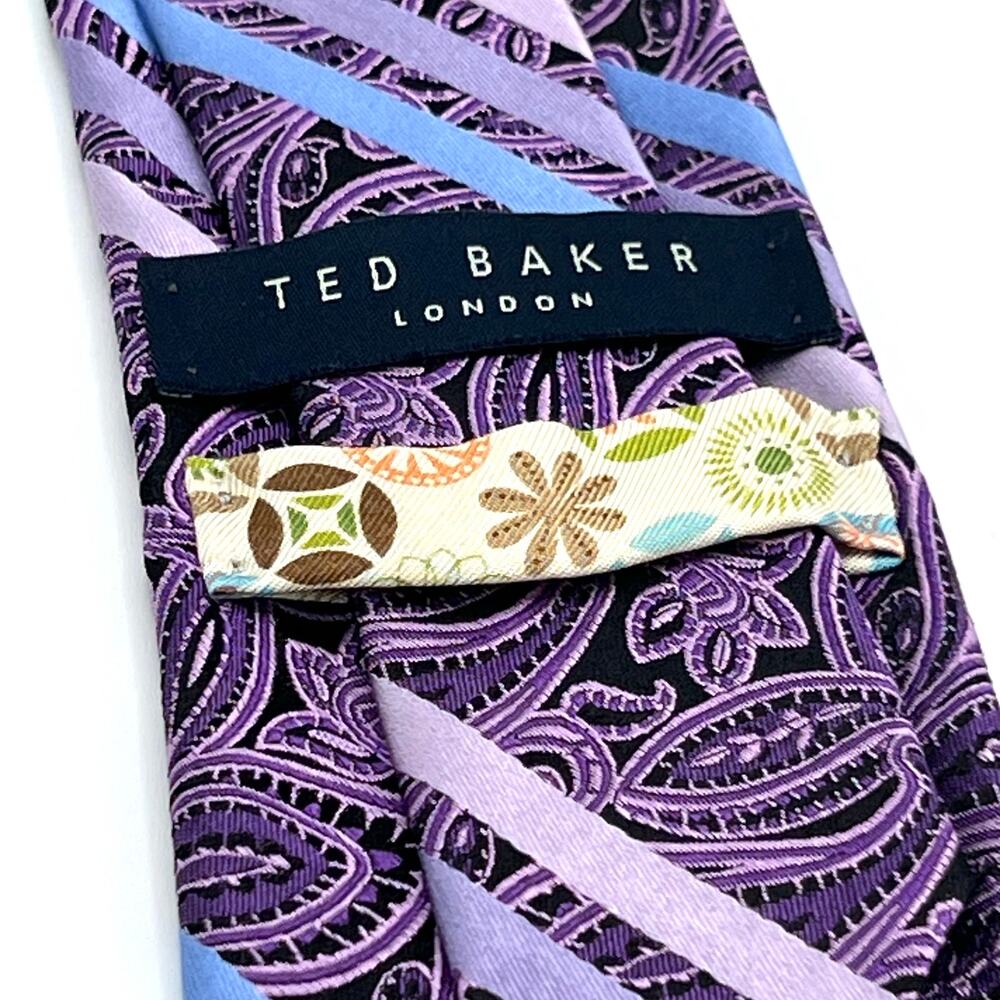 Ted Baker London Purple Paisley with Blue Stripe Tie 100% Silk Made in USA - Picture 2 of 6